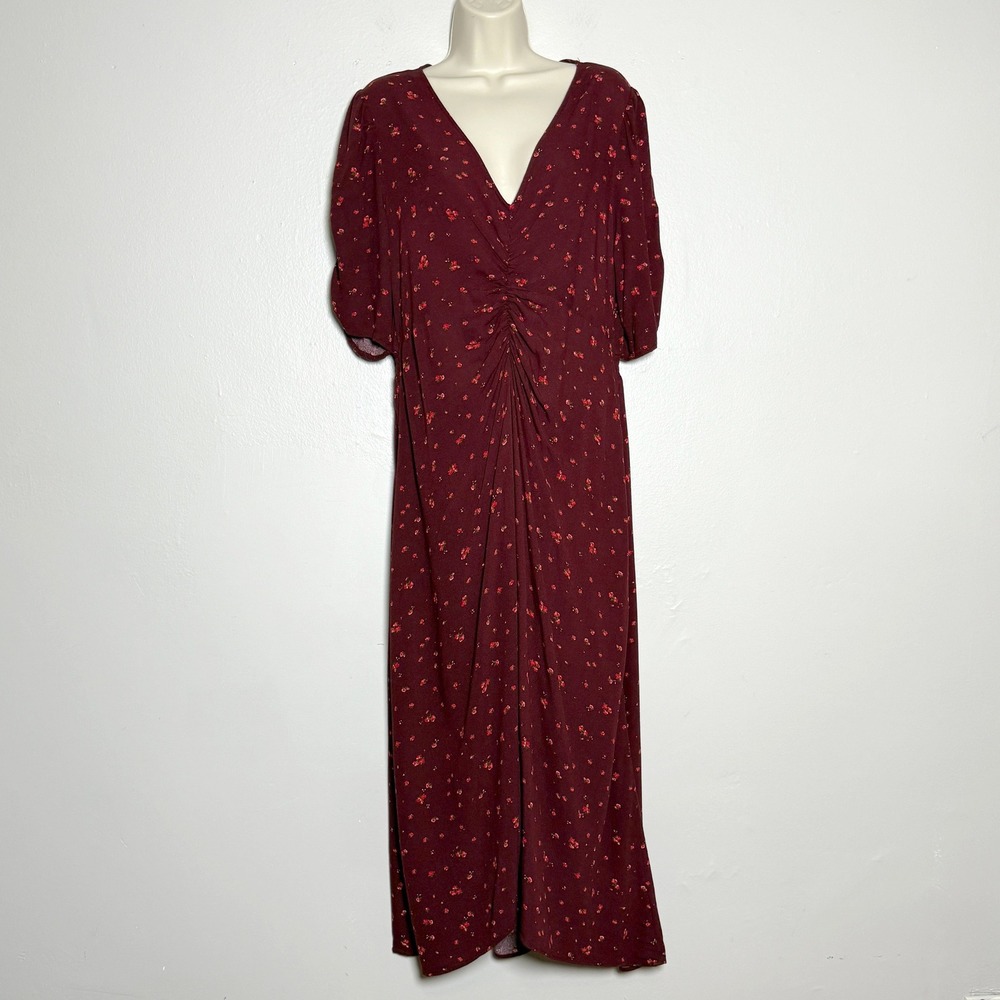 Old Navy Womens Maxi Dress L Red Floral‎ Ruche Romantic Peasant Cottagecore Boho